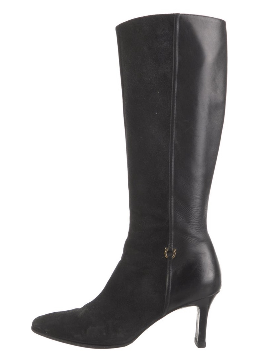 FARRAGAMO Black Knee-High Leather & Suede Heel Boots 8.5 - Picture 1 of 3